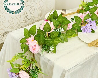 Pastel Floral Garland, Blush Roses, Lavender Berries, Daisy Wedding Decor