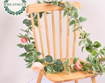 Cream & Pink Rose Garland, Variegated Greenery, Wedding Arch Decor