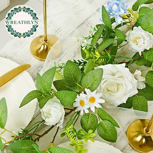 Ivory White Rose & Blue Hydrangea Garland with White Daisies, Floral Vine with Fern for Wedding Decor, Spring Styling or Baby Showers