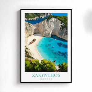 Zakynthos Greece Travel Print Wall Art Greece Vibrant Oil Painting Navagio Zakynthos Shipwreck Beach Travel Poster Home Decor Gifts for Her