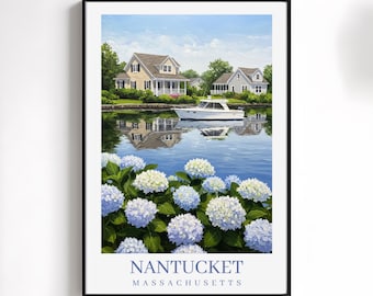 Nantucket Print Pastell Hortensien Poster New England Wand Kunst Nantucket Hafen Segelboot Malerei Ostküste Sommer Wanddeko Reisegeschenk
