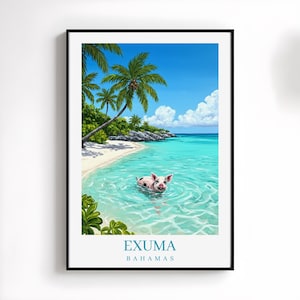 Puede incluir: Una impresión artística enmarcada representa una escena de playa tropical con un cerdo nadando. La obra de arte presenta un océano turquesa, arena blanca, palmeras y un cielo azul brillante. El texto "EXUMA BAHAMAS" está impreso en la parte inferior.