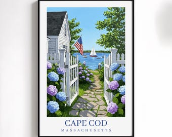 May include: A framed print of a coastal scene featuring a white picket fence, a house, and a view of the ocean with sailboats. The print includes the text "Cape Cod Massachusetts" at the bottom, with blue and purple hydrangeas in the foreground.