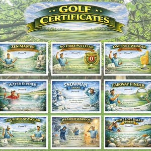 Op de afbeelding: Een verzameling golfcertificaten met diverse prijzen, waaronder "Bush Ranger", "Zen Master" en "One-Putt Wonder". Elk certificaat heeft een unieke illustratie en awardtitel, tegen een groene landschapsachtergrond. De bovenste banner luidt "GOLF CERTIFICATES".