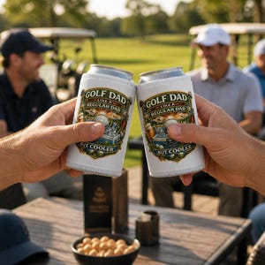 Puede incluir: Dos enfriadores de latas blancos con el texto "GOLF DAD LIKE A REGULAR DAD BUT COOLER" se levantan en un brindis. Los enfriadores tienen un diseño temático de golf. El fondo muestra un campo de golf y personas.