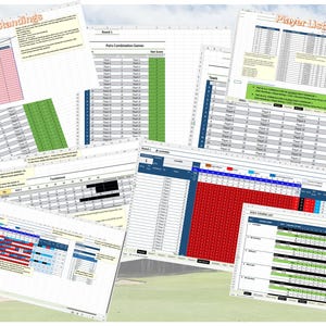 May include: A collection of printed spreadsheets with various data tables and charts. The documents include titles such as "Standings," "Player Listing," and "Golf Courses." The color scheme includes red, green, blue, and black.