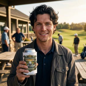 Puede incluir: Un enfriador de latas blanco con el texto "World's Okayest Golfer" y un gráfico temático de golf. El enfriador se sostiene frente a una persona en un campo de golf.