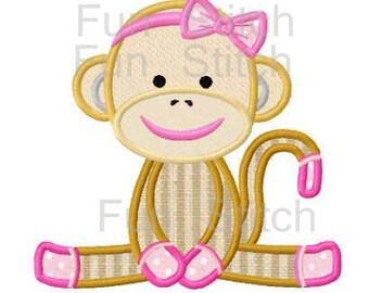 sock monkey girl applique machine embroidery design