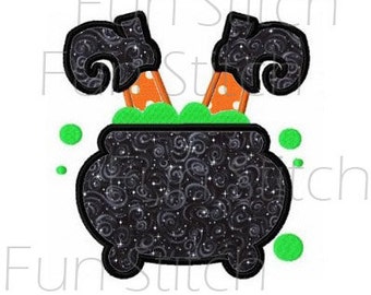 Diseño de bordado a máquina con apliques de caldero de bruja de Halloween