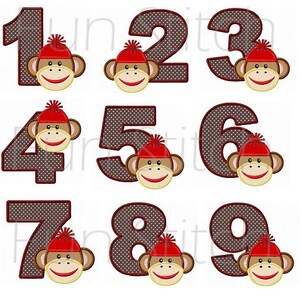 Set of 9 sock monkey applique numbers birthday machine embroidery design 4x4 image 2