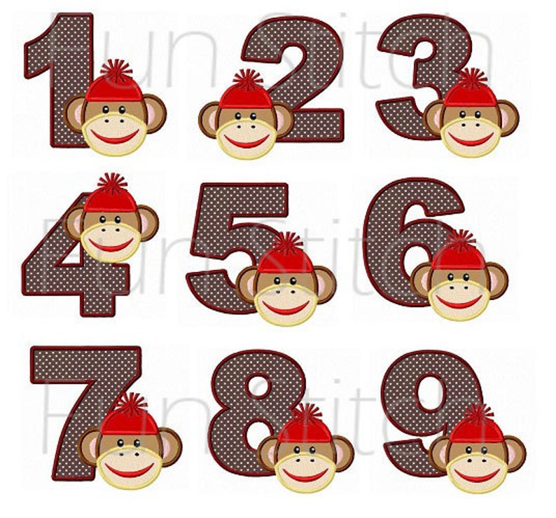 Set of 9 sock monkey applique numbers birthday machine embroidery design 4x4 image 2