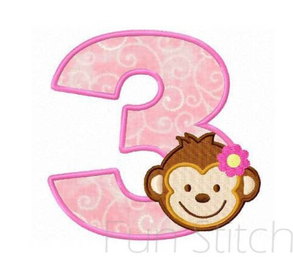 Diseño de bordado a máquina con números de cumpleaños y apliques de monos  para niñas