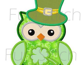 St Patricks day owl applique machine embroidery design