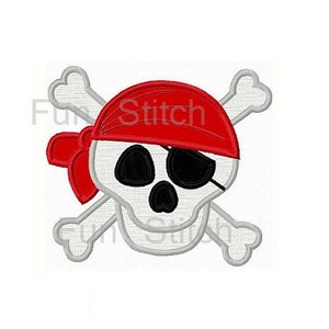 May include: A white skull and crossbones with a red pirate bandana over the skull. The skull has one eye covered with an eyepatch.