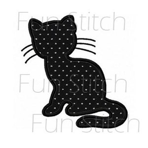 May include: Black silhouette of a cat with white polka dots. The cat is sitting with its tail curled around its body.