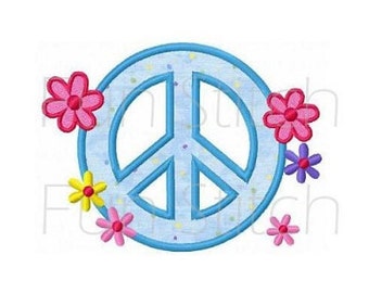 Peace sign flowers applique machine embroidery design