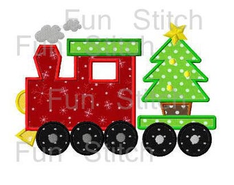 Christmas train with tree applique machine embroidery design