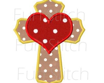 Cross with heart applique machine embroidery design