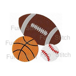 May include: A brown football, an orange basketball, and a white baseball with red stitching.