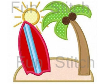 Summer surf palm tree surfboard applique machine embroidery design