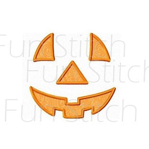 May include: Orange jack-o'-lantern face with a triangular nose and a wide, toothy grin. The face is made up of three separate pieces, each with a woodgrain pattern.