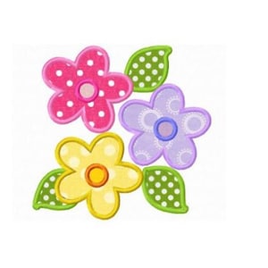 Peut inclure: Un groupe de trois fleurs brodées avec des motifs à pois. Les fleurs sont roses, jaunes et violettes avec des feuilles vertes.