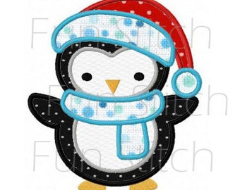 penguin with santa hat applique machine embroidery design