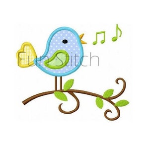 May include: A blue bird with yellow, green, and white accents is singing on a brown branch with green leaves. Musical notes are above the bird.