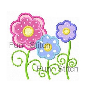 Three spring daisy flowers applique machine embroidery design