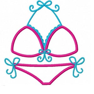 May include: A pink and blue bikini with a scalloped top and bow details.