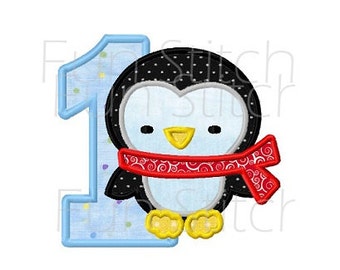 Diseño de bordado a máquina con el número 1 de aplique de pingüino