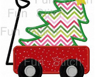 Christmas tree wagon applique machine embroidery design