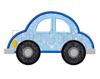 May include: A blue toy car with black wheels and a yellow headlight. The car has a light blue patterned design.