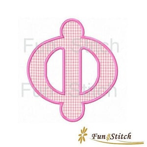 May include: Pink gingham fabric letter Phi with a white outline. The letter is in a simple, rounded font.