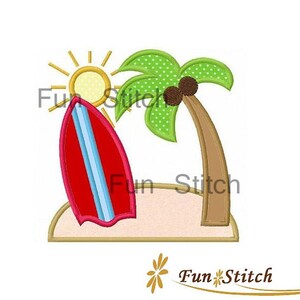 summer surf surfboard palm tree applique machine embroidery design