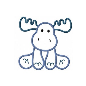 May include: A cartoon-style moose design with a white body and blue outline. The moose has large antlers, small black eyes, and is sitting down. The design is simple and suitable for children's products.
