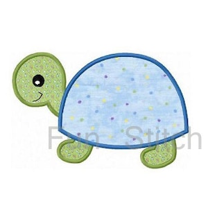 May include: A green and blue appliqué of a cartoon turtle with a light blue shell with white polka dots. The turtle has a green head and feet and a smiling face.