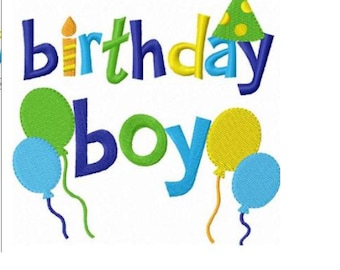 May include: Birthday boy graphic with the words "birthday boy" in blue, green, and yellow letters. There is a yellow candle with orange flames, a green and yellow party hat, and three balloons in blue, green, and yellow.