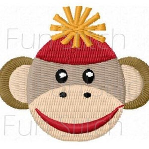 May include: Embroidered design of a smiling monkey wearing a red hat with a yellow pom-pom.