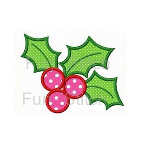 May include: A green holly sprig with three red berries with white polka dots.