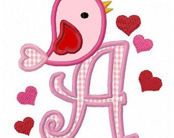 Valentine love birds letters applique machine embroidery design