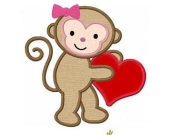 Valentine monkey heart applique machine embroidery design