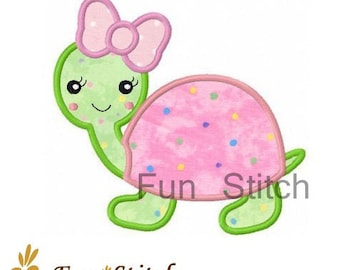 Girl turtle applique machine embroidery design instant download