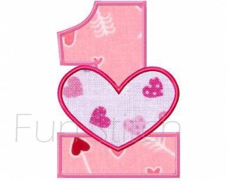 love heart applique birthday number 1 machine embroidery design