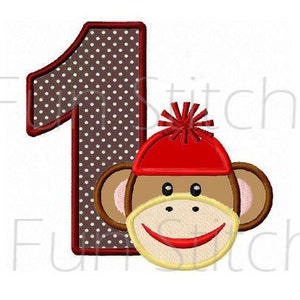 Set of 9 sock monkey applique numbers birthday machine embroidery design 4x4 image 1