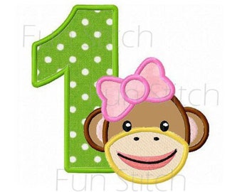 Girl sock monkey birthday applique numbers machine embroidery design