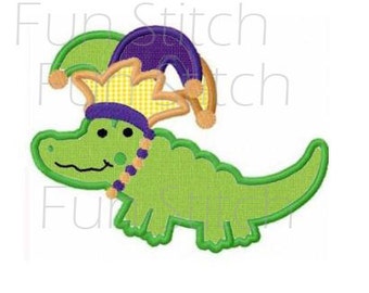 Alligator in jester hat mardi gras machine embroidery design applique