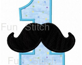 Set of 9 Mustache birthday applique numbers machine embroidery design