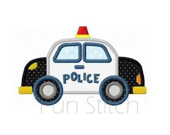 May include: White police car with a red light on top, black and white polka dot details, blue wheels, and the word "POLICE" printed on the side.