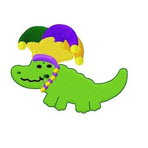 Puede incluir: Un cocodrilo verde con un sombrero de bufón morado, amarillo y verde con cuentas amarillas alrededor del cuello.